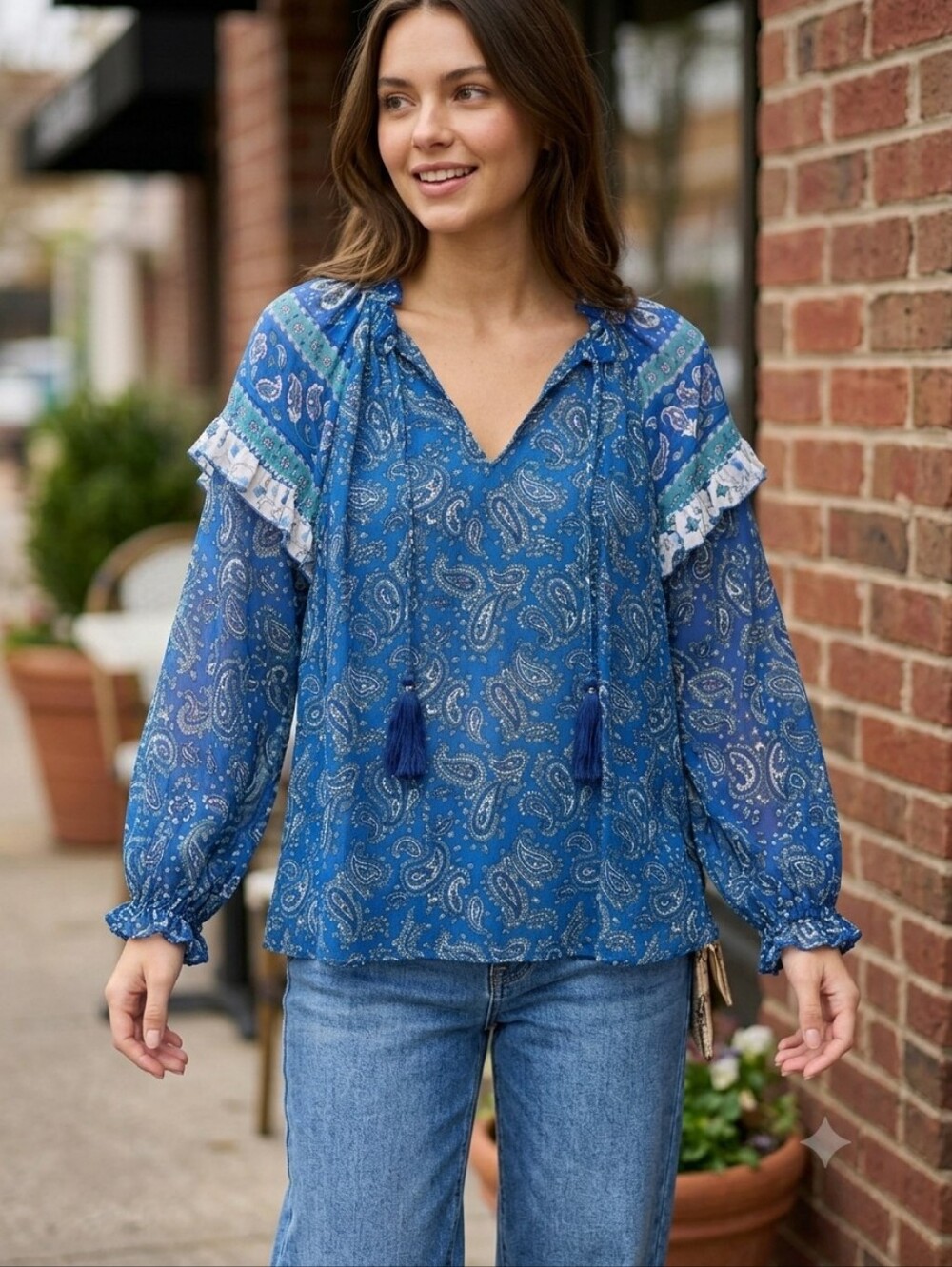 Miss June Paris Blue Paisley Boho Ruffle Tassel Blouse, One Size